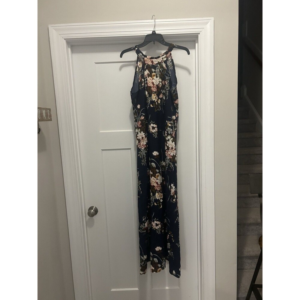 Women Navy Blue Floral Halter Maxi Dress Summer Boho Size 6 Wedding Guest Modest